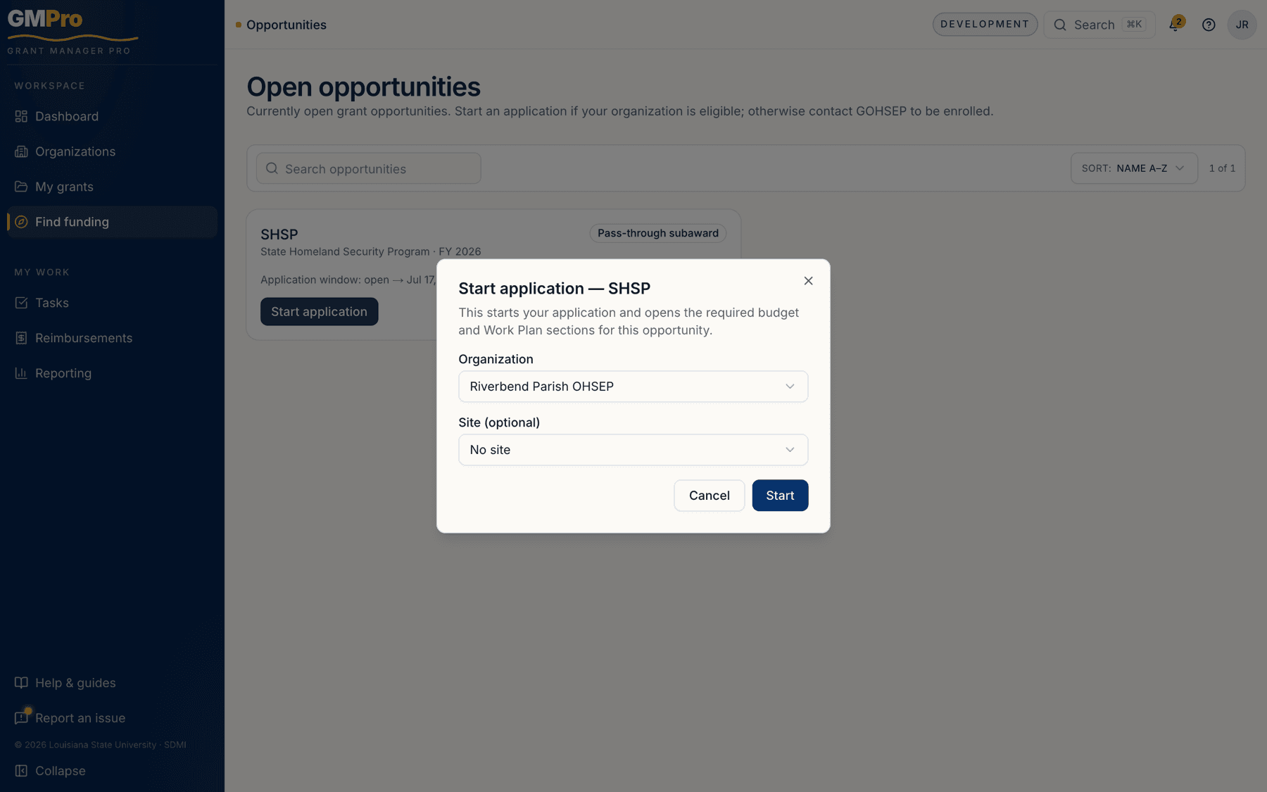The start application dialog with the organization selected