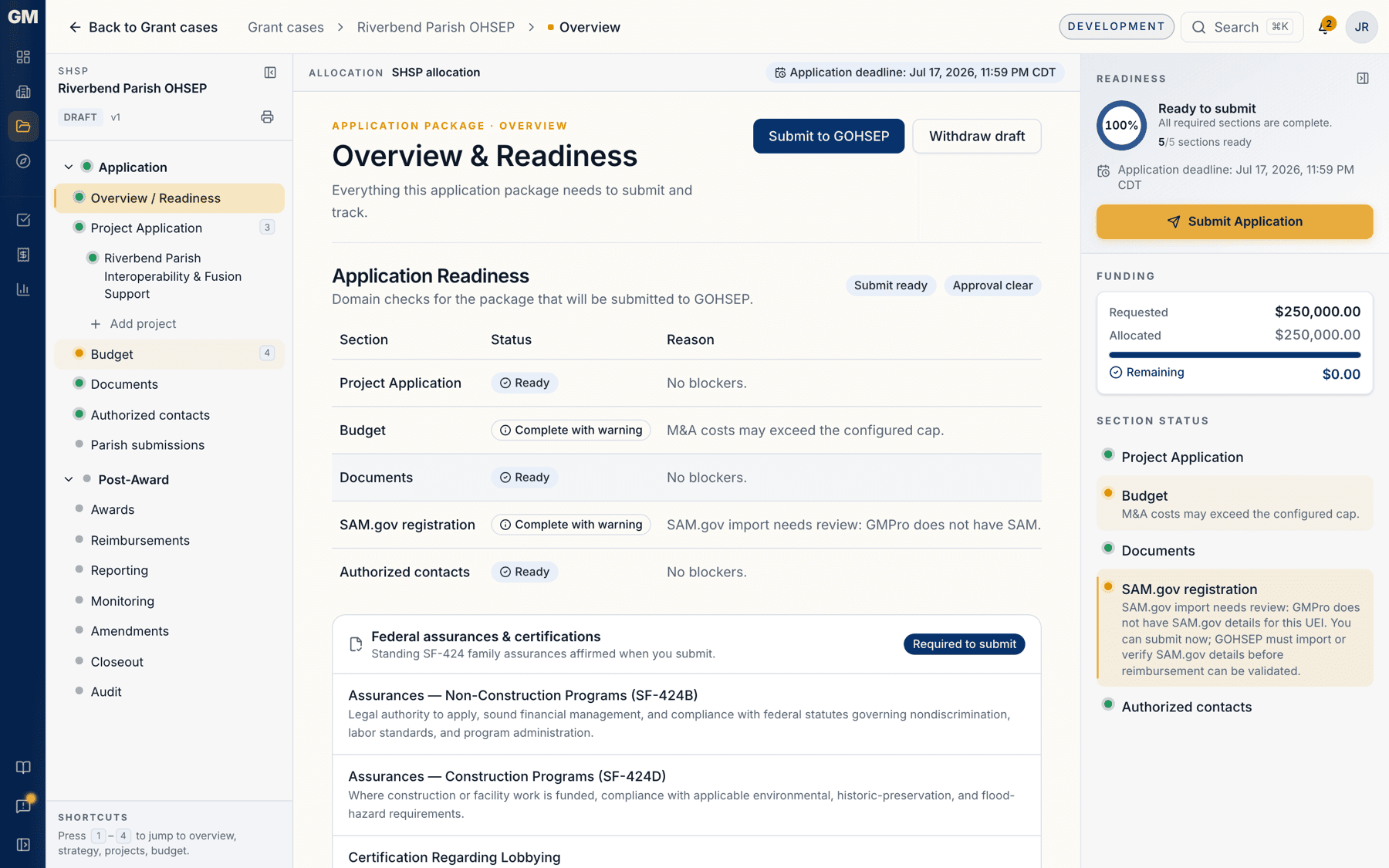 The application workspace overview with the readiness rail