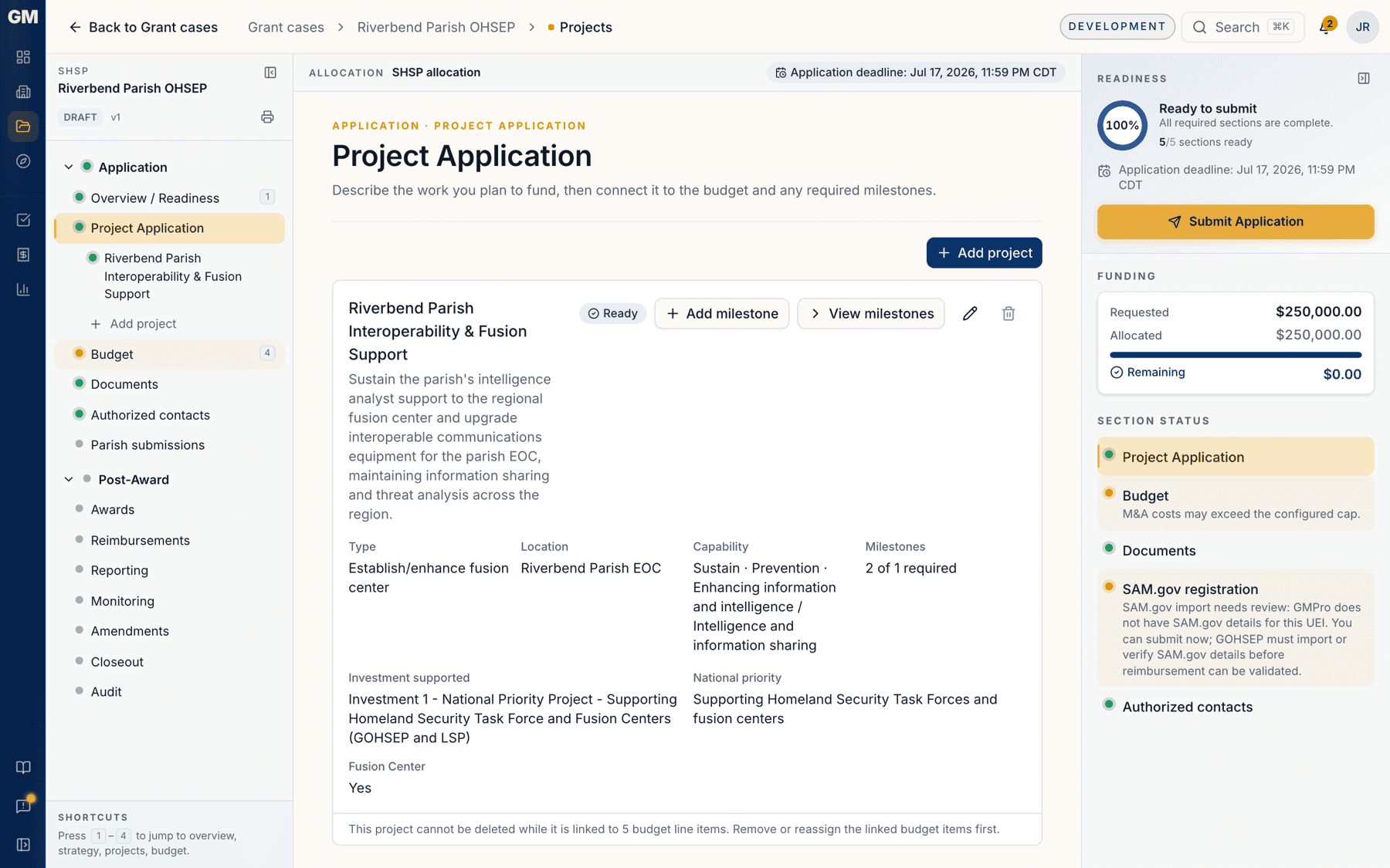 The project application section with the Riverbend project