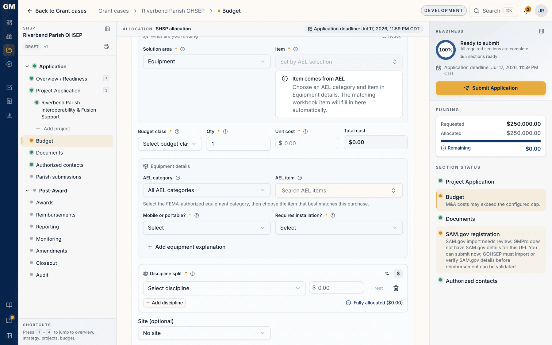 The AEL category and item picker on an equipment line