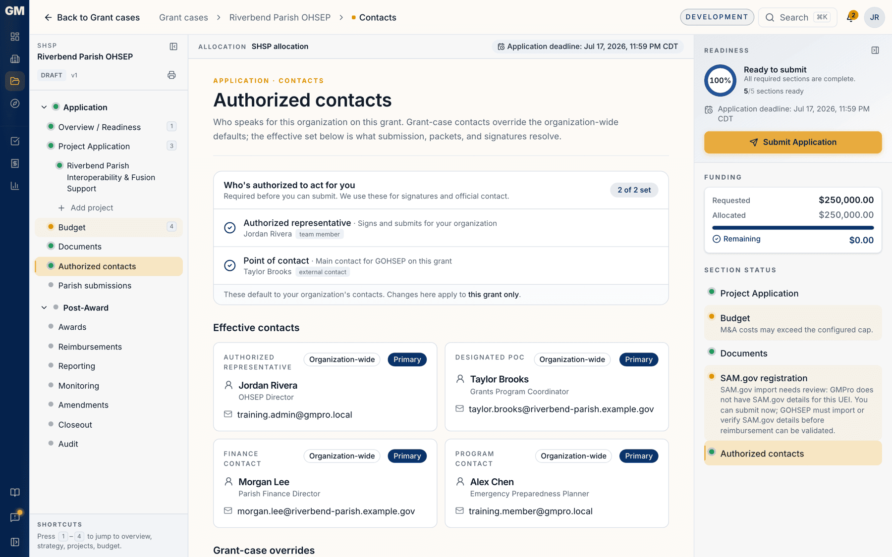 The authorized contacts section with required roles satisfied