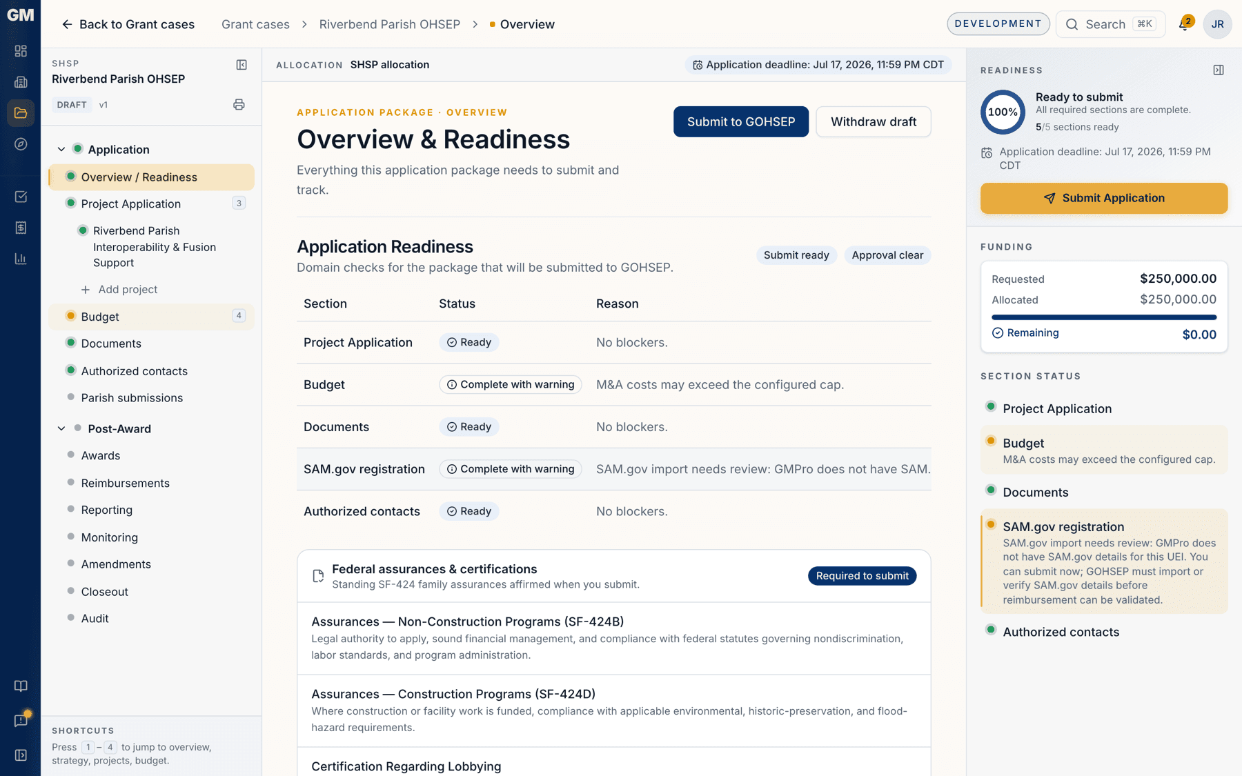 The overview with readiness at 100% and the Submit to GOHSEP button
