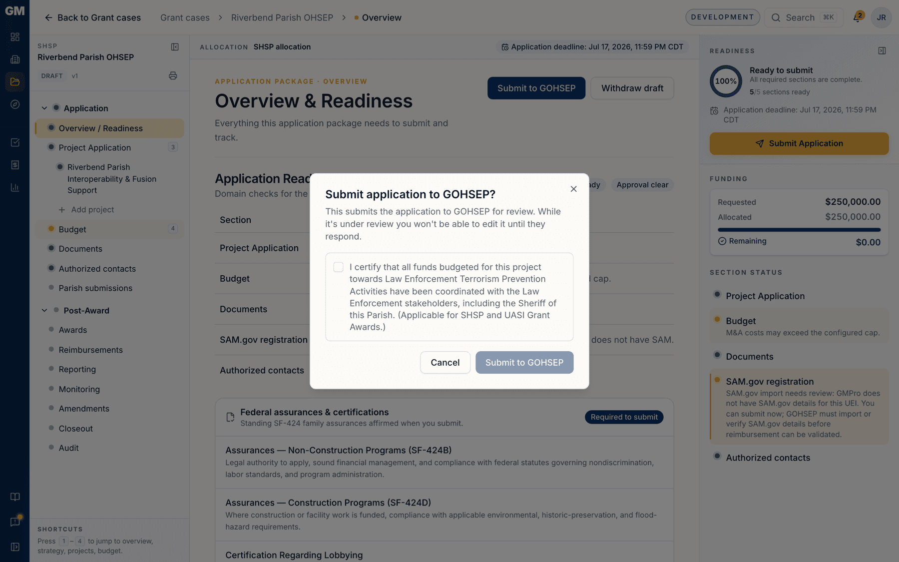The submit dialog with the LETPA certification checkbox