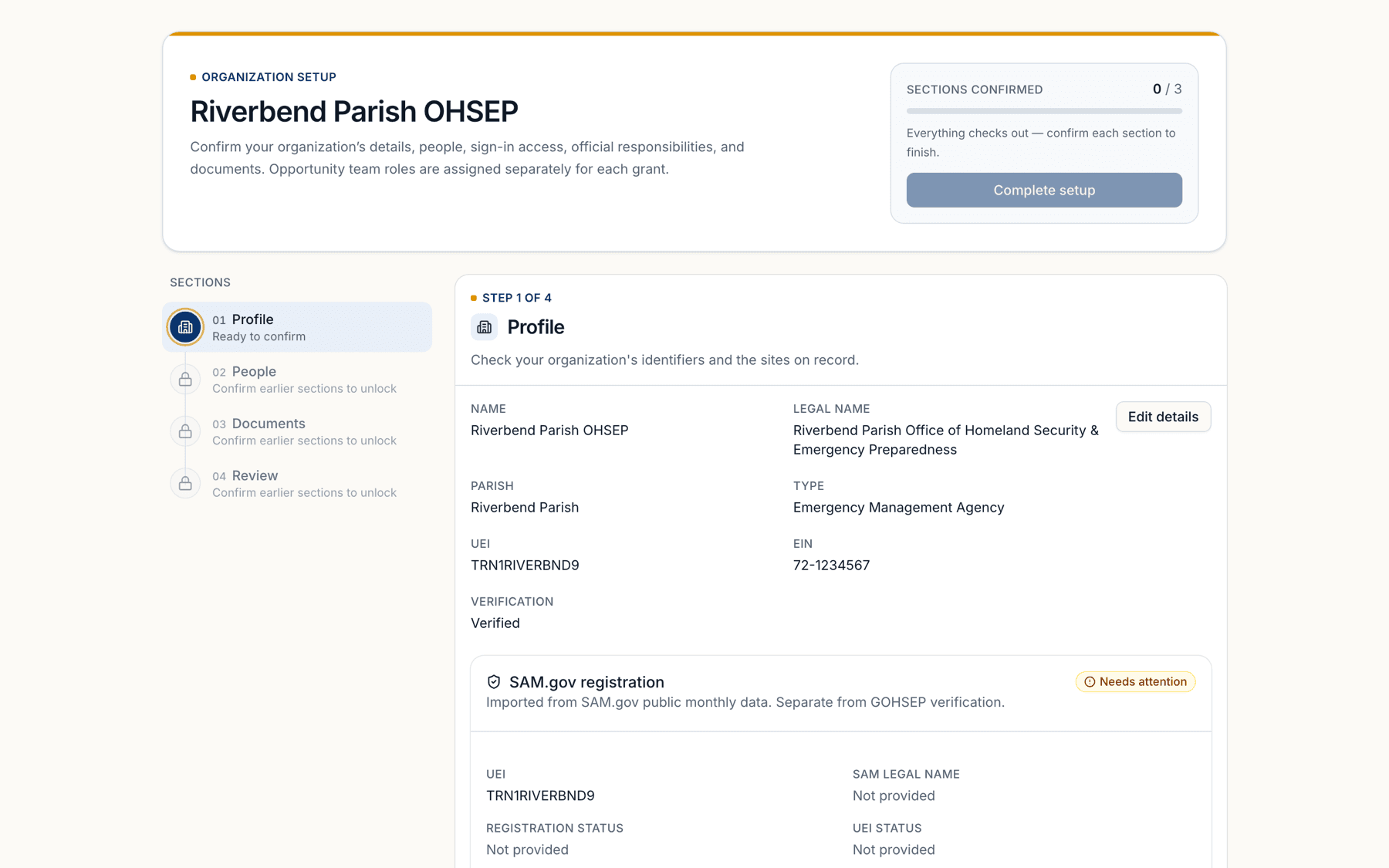 Organization setup step 1 of 4: Profile, showing identifiers and SAM.gov status