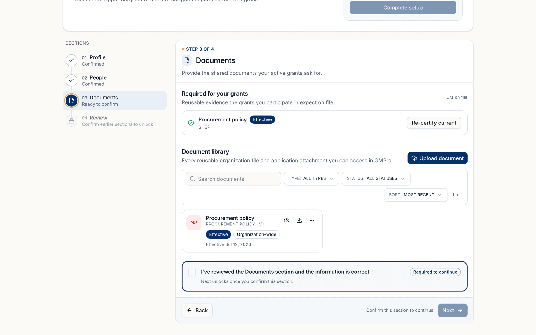Organization setup step 3 of 4: Documents, listing shared document requirements