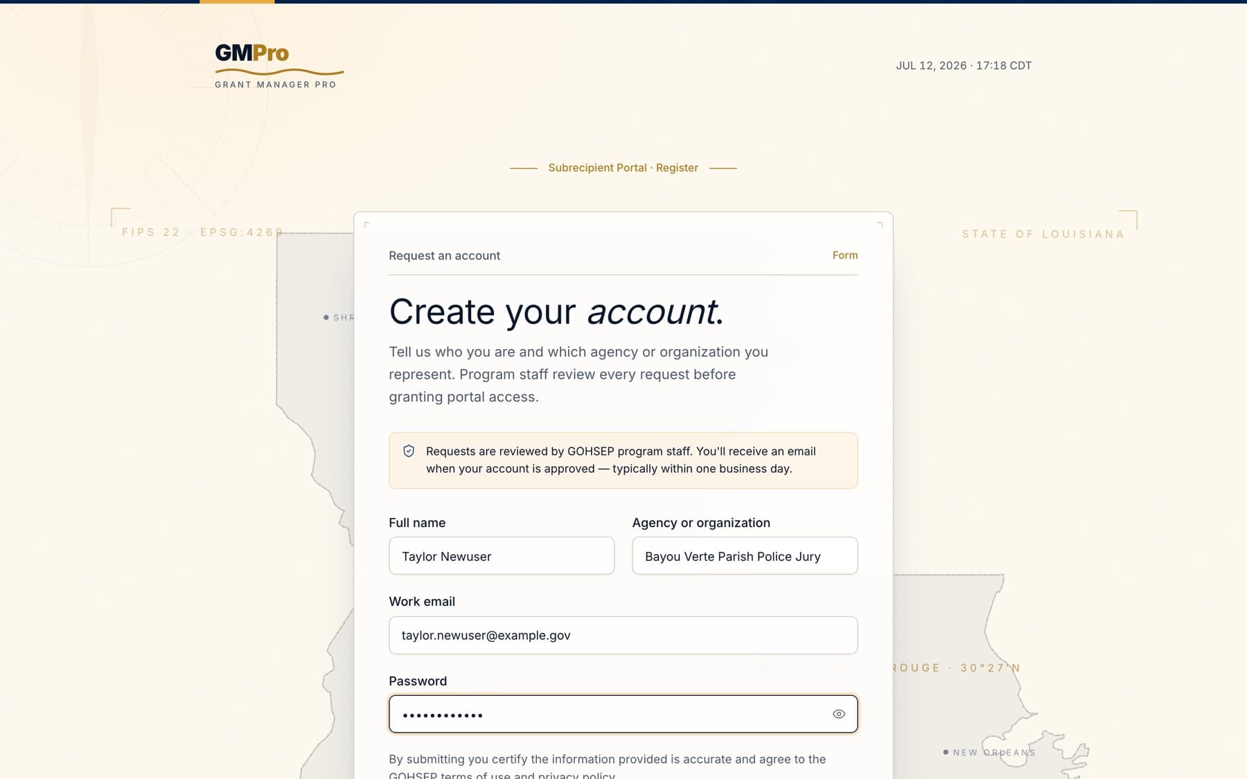 The Request an account form with name, organization, email, and password fields