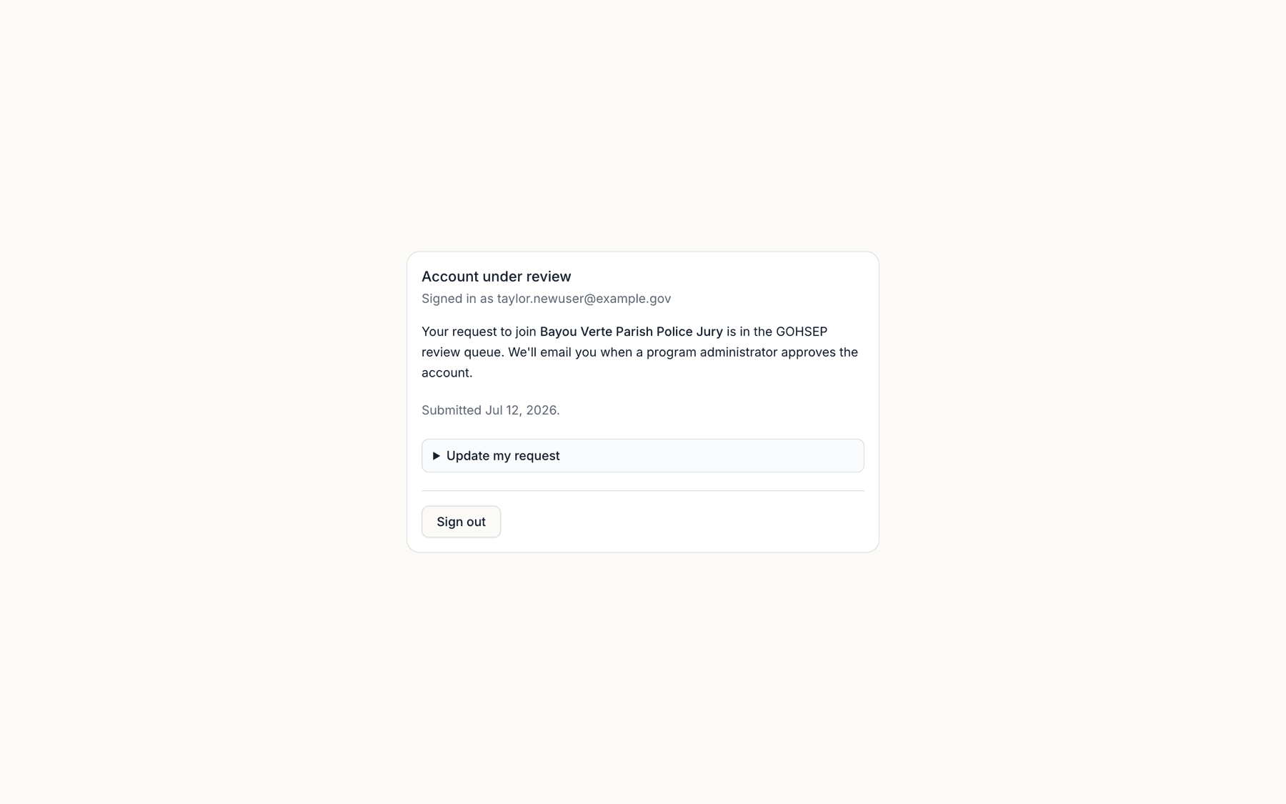 The access-pending screen shown while GOHSEP reviews a new account request