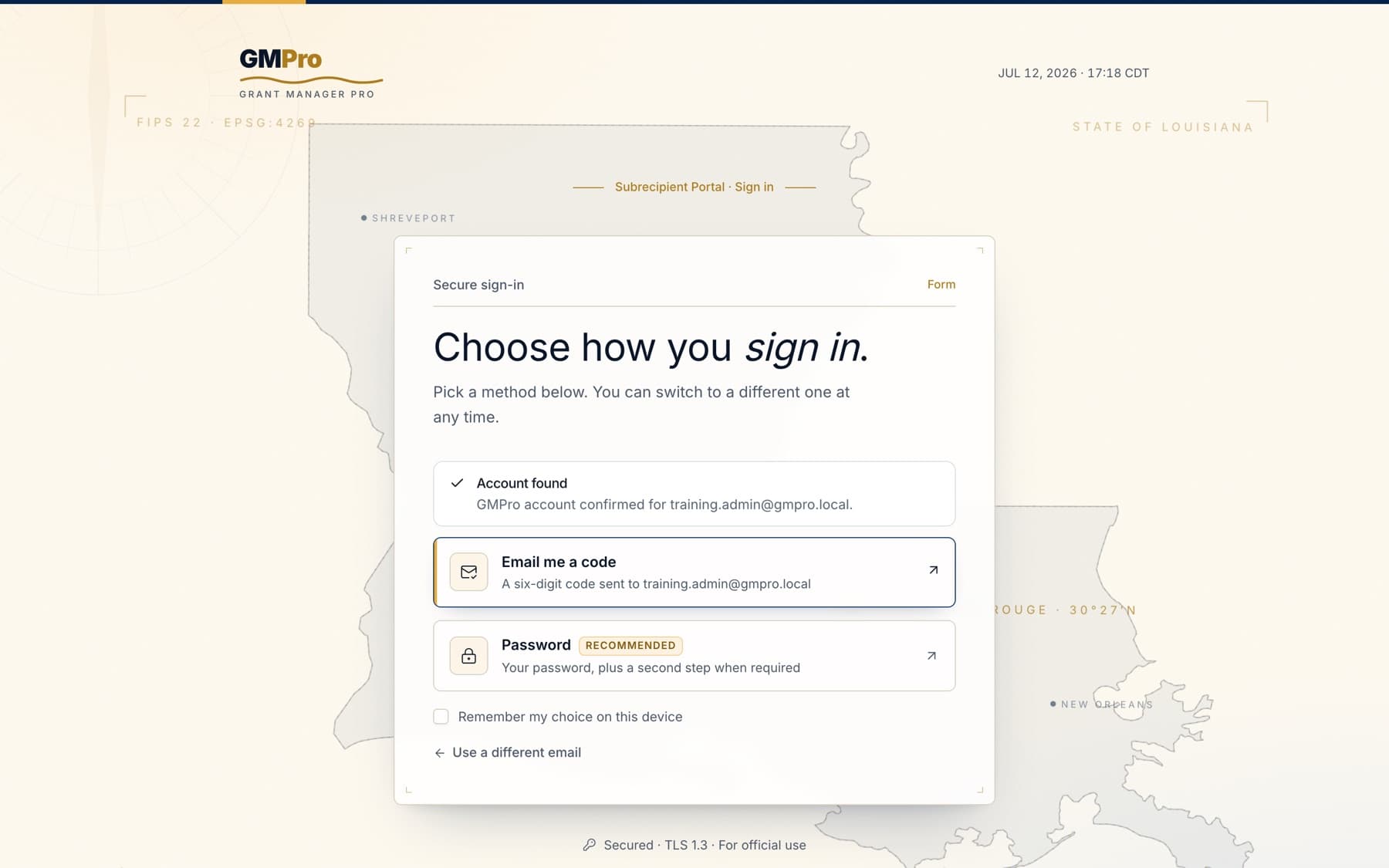 The Choose how you sign in screen offering an emailed code or a password