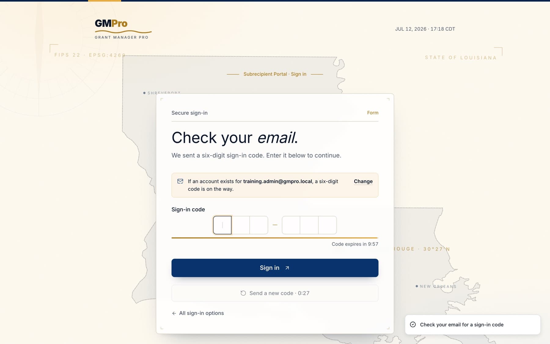 The six-digit code entry screen