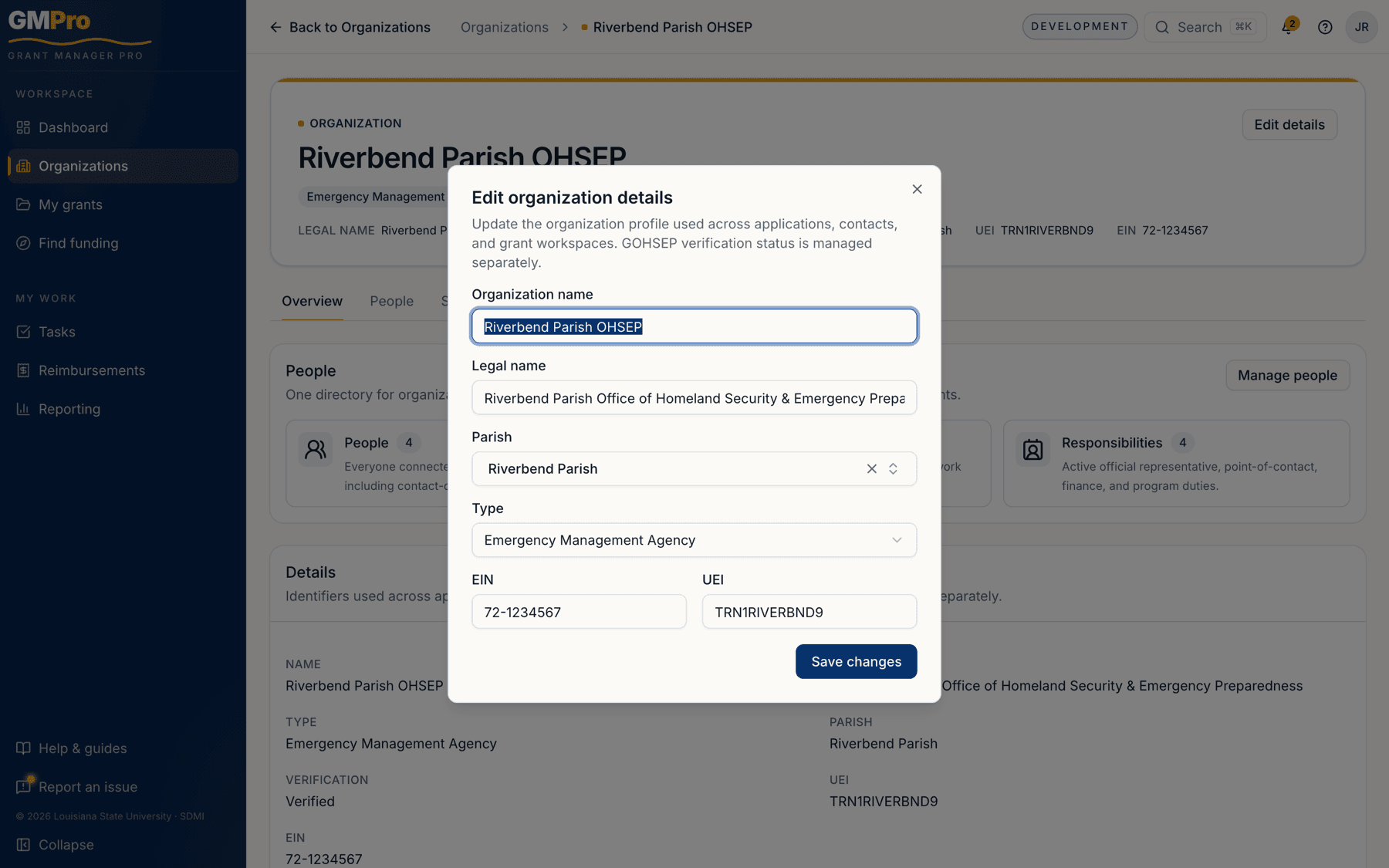 The edit organization details dialog