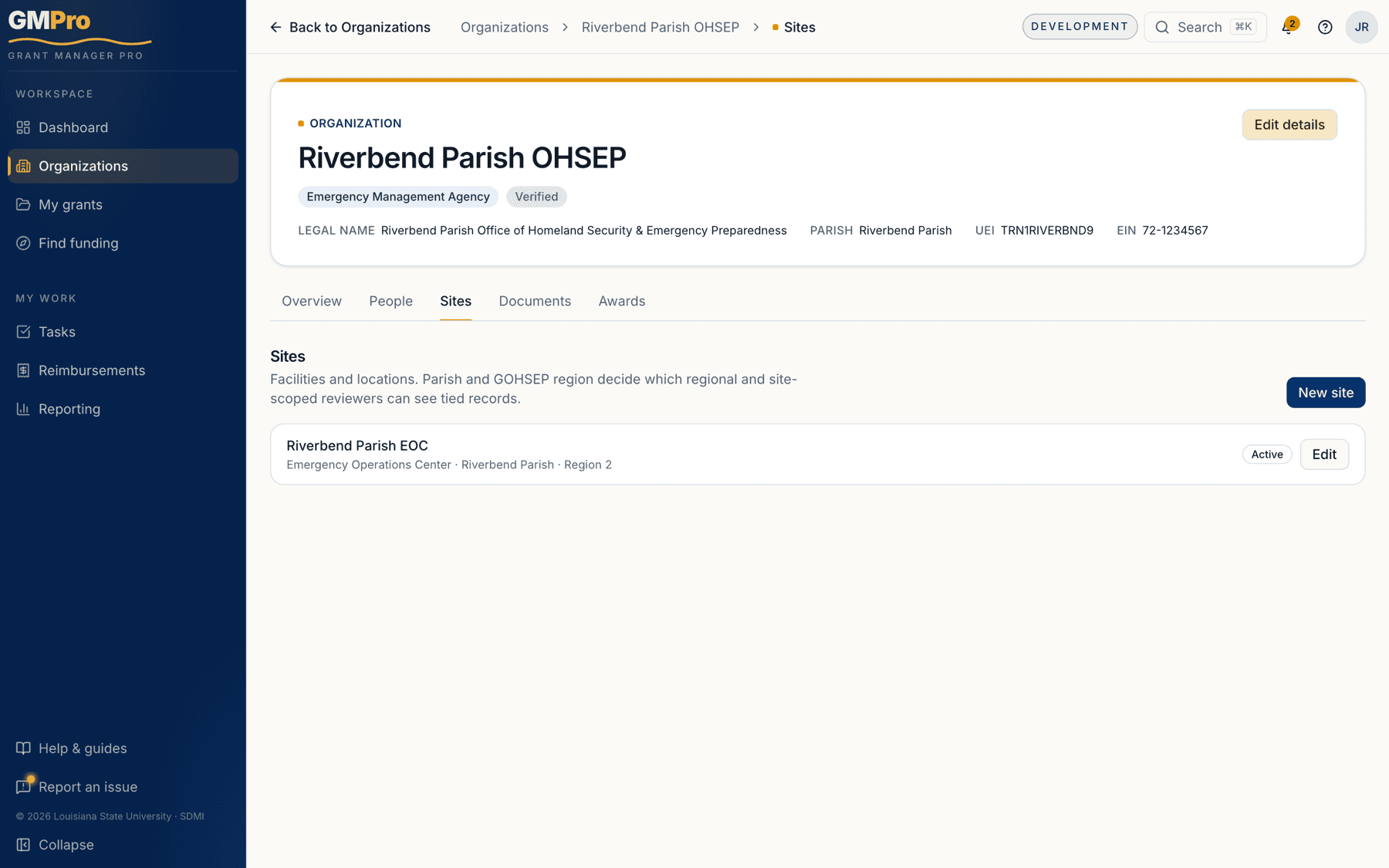The Sites tab listing organization locations