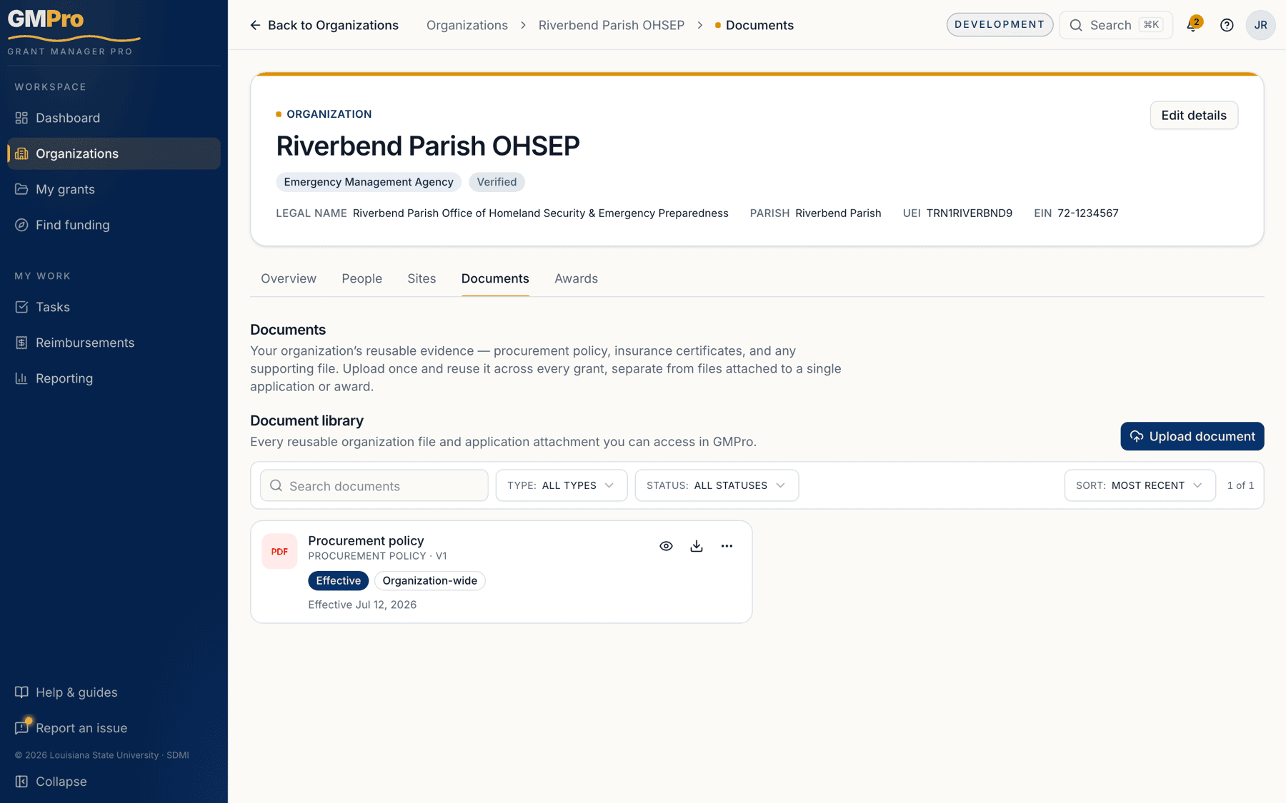 The organization Documents tab with document requirements