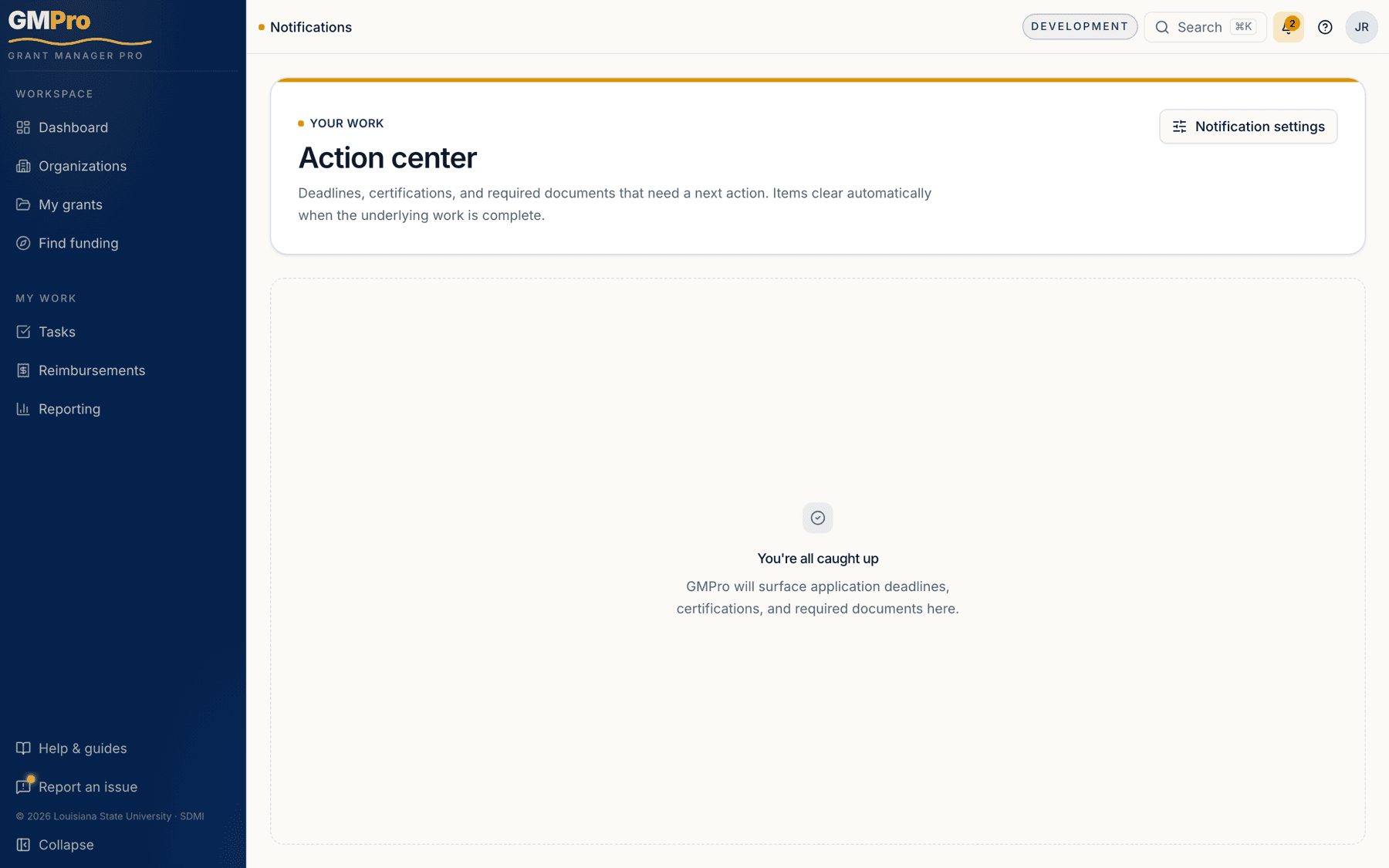 The Action center showing the all-caught-up state