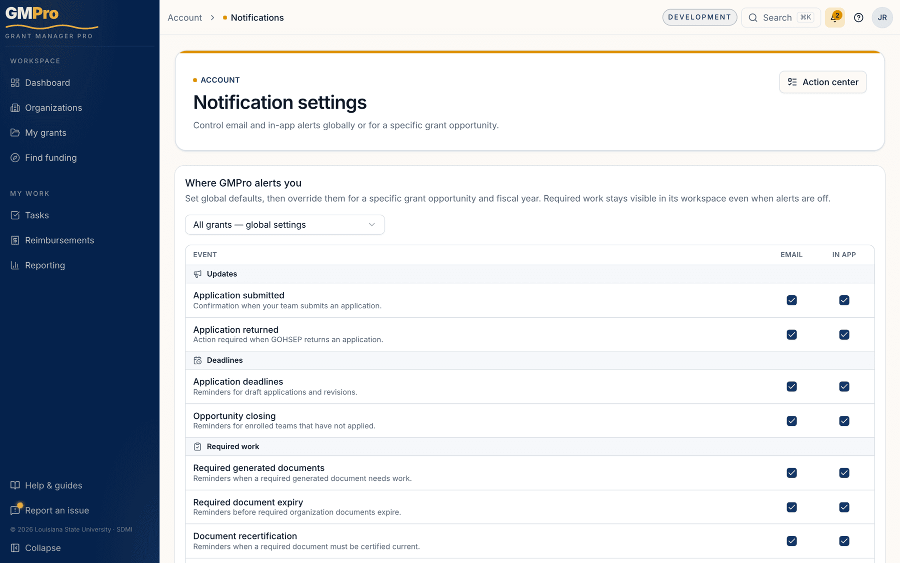 Notification settings with per-event email and in-app toggles