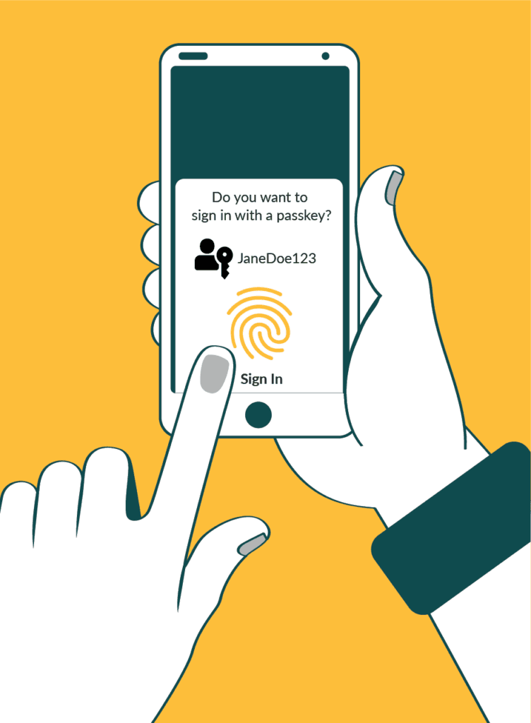 Illustration of a phone asking “Do you want to sign in with a passkey?” with a fingerprint confirmation (courtesy of the FIDO Alliance)