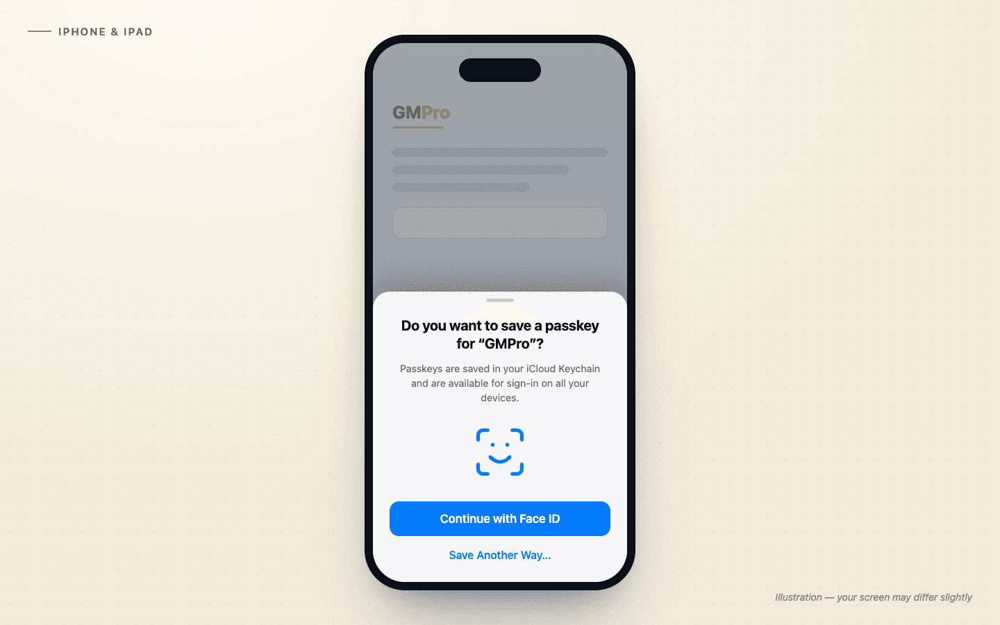 Illustration of the iPhone prompt asking to save a passkey for GMPro, confirmed with Face ID