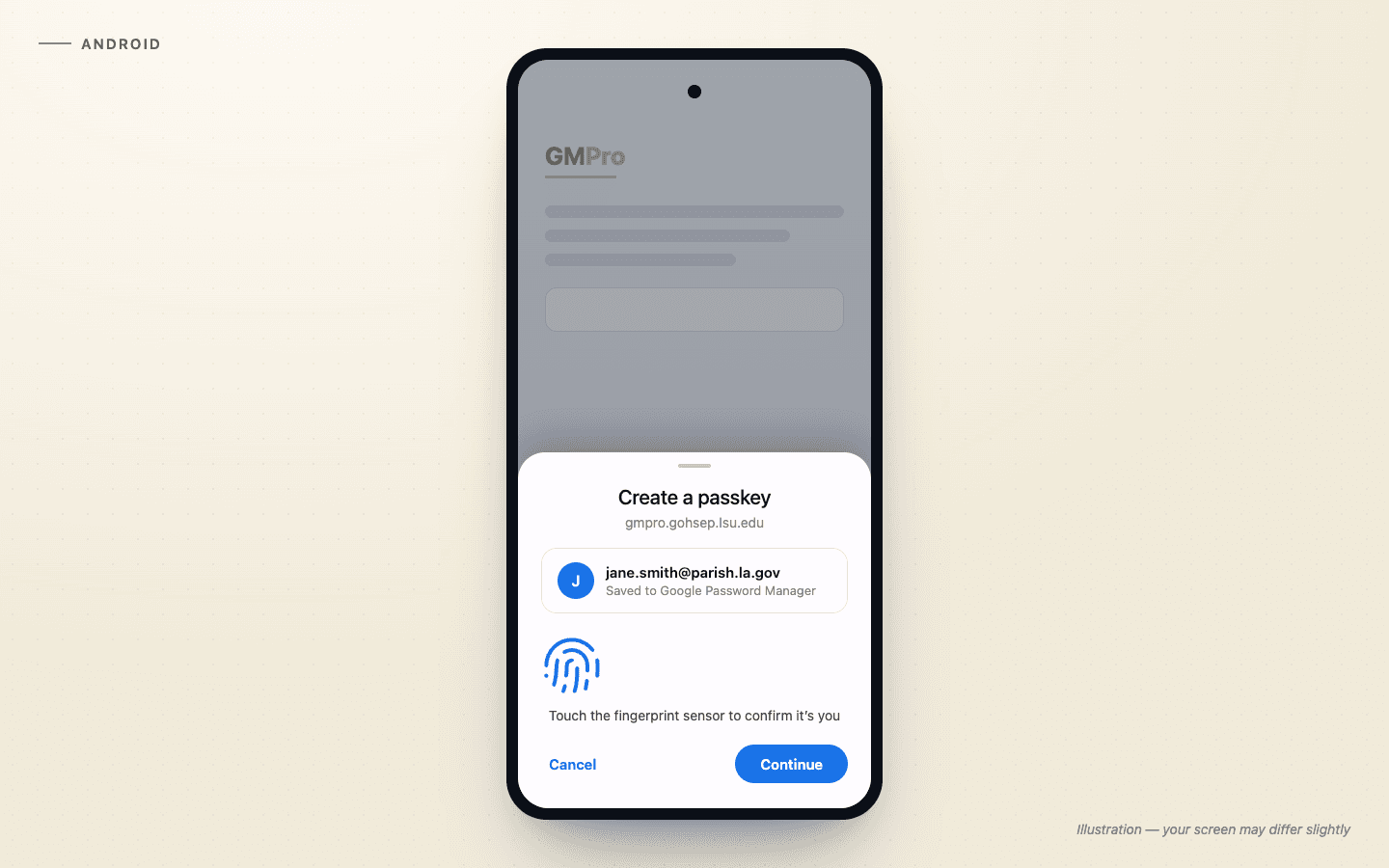Illustration of the Android sheet creating a passkey saved to Google Password Manager, confirmed with a fingerprint