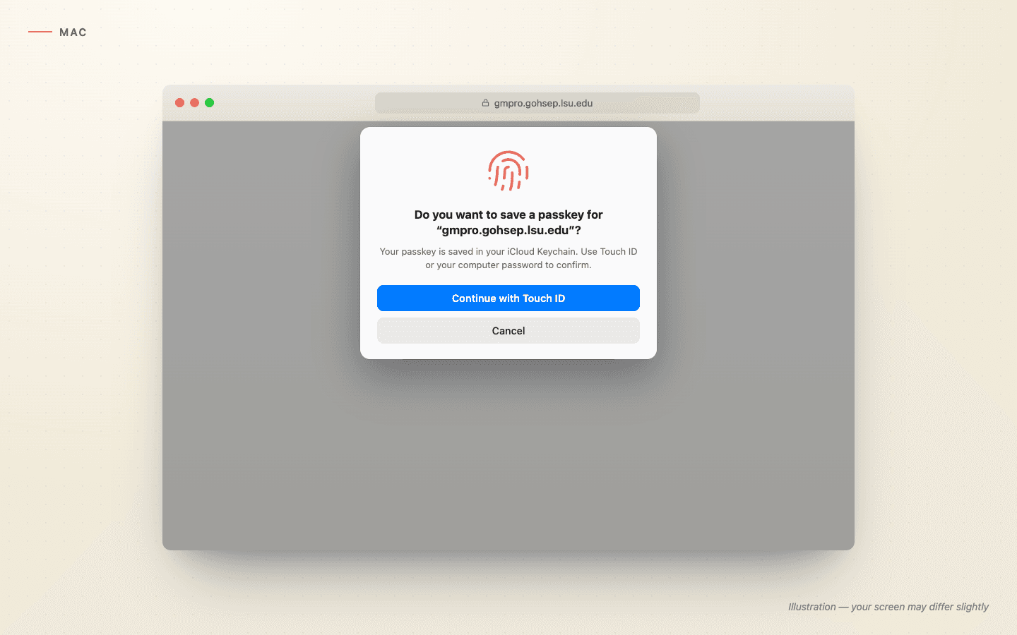 Illustration of the Mac dialog asking to save a passkey for GMPro, confirmed with Touch ID