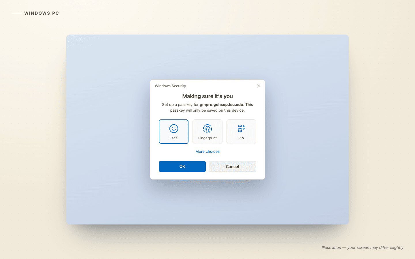 Illustration of the Windows Security dialog setting up a passkey with face, fingerprint, or PIN choices