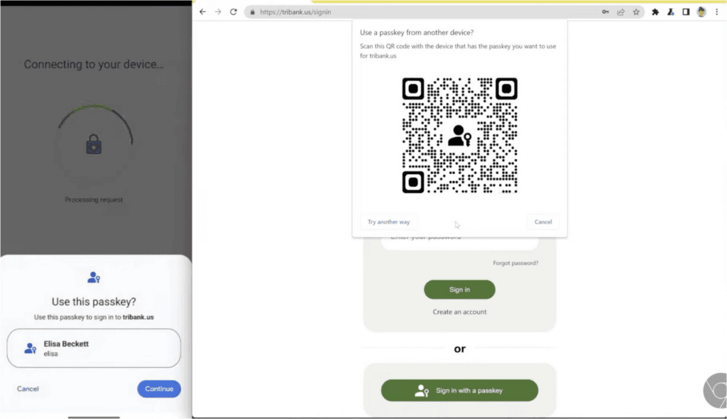 A computer showing a QR code while a phone confirms the passkey sign-in (courtesy of the FIDO Alliance)