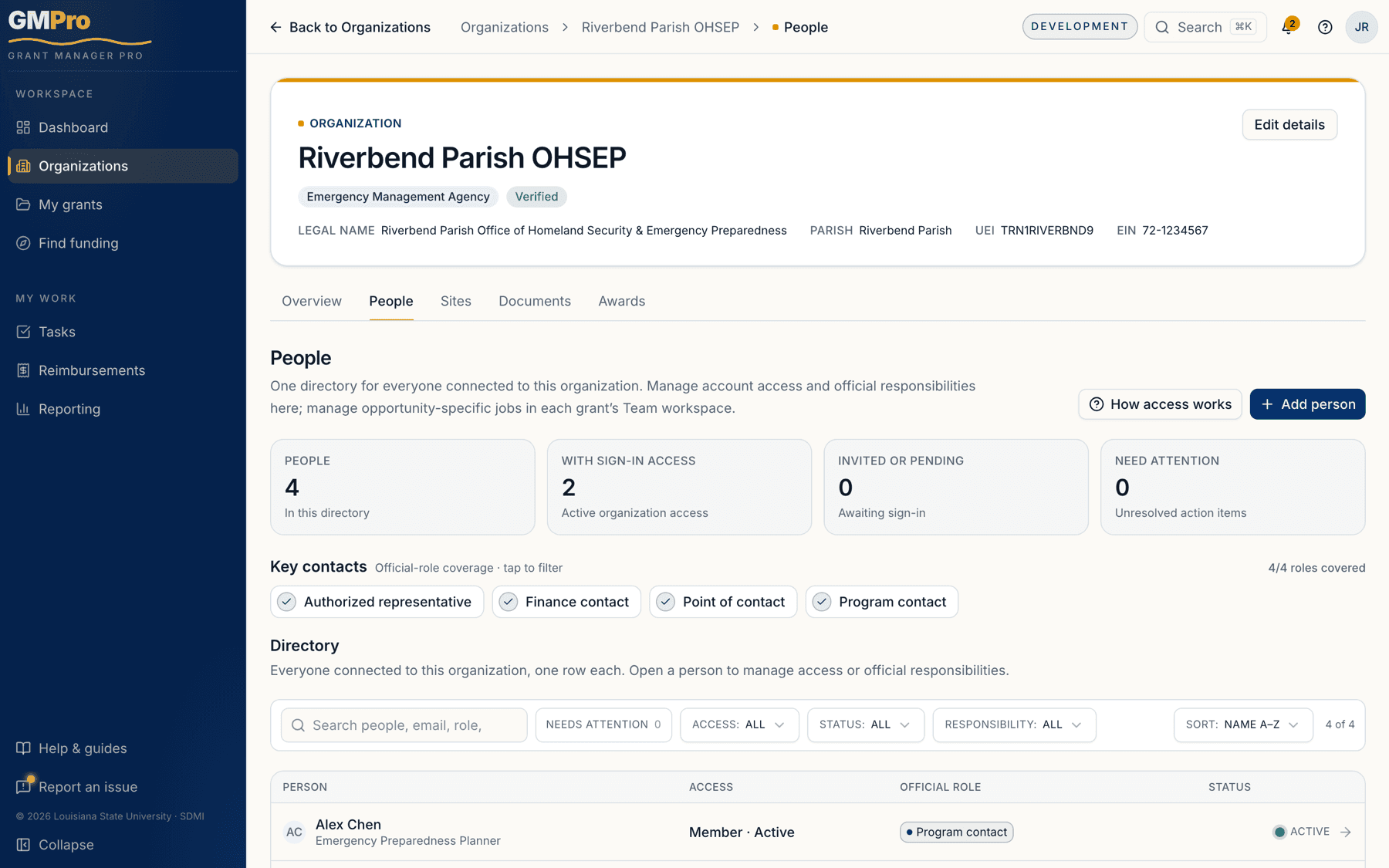 The People page with stats, key contact coverage, and the directory