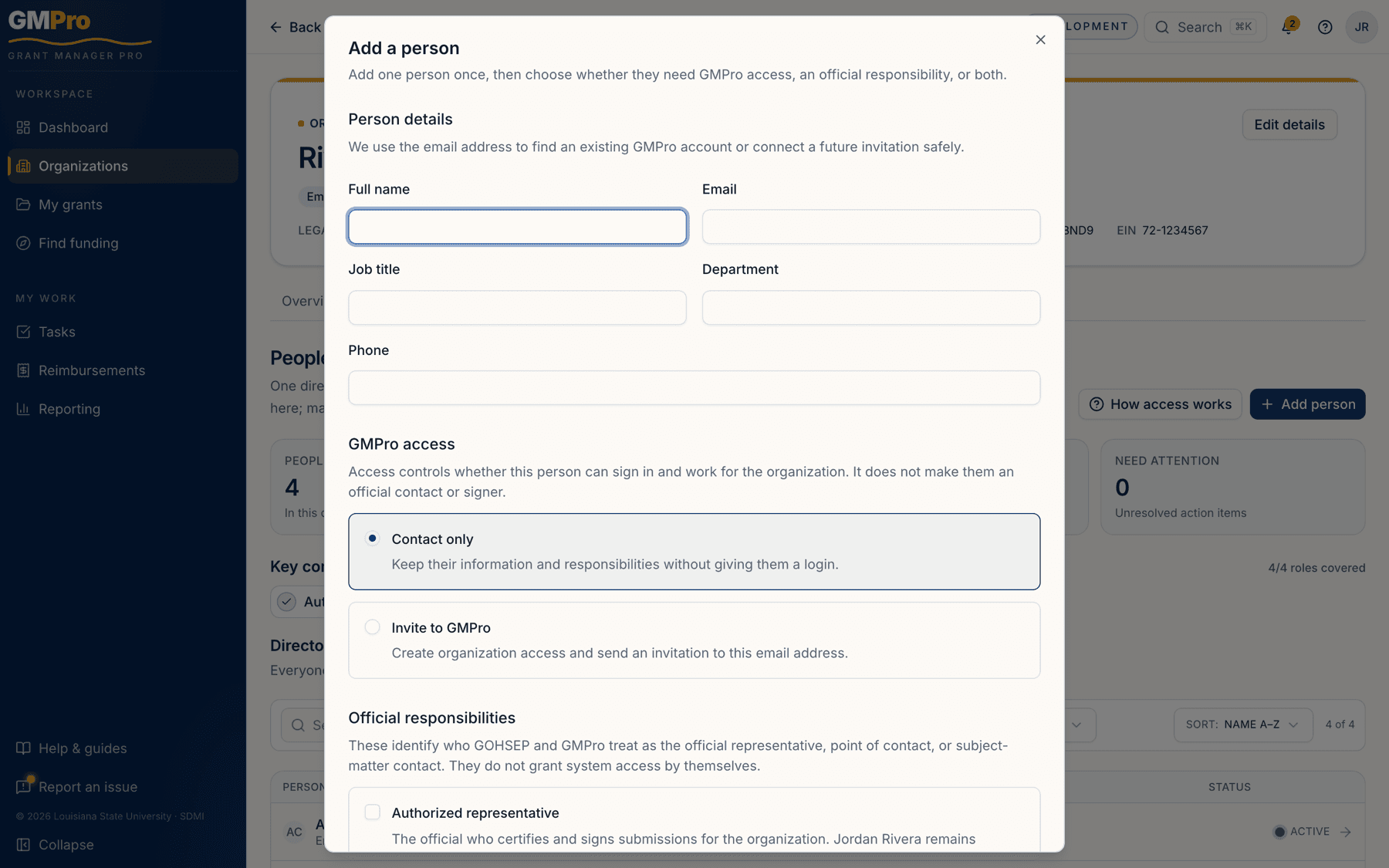 The Add a person dialog with contact-only versus invite options