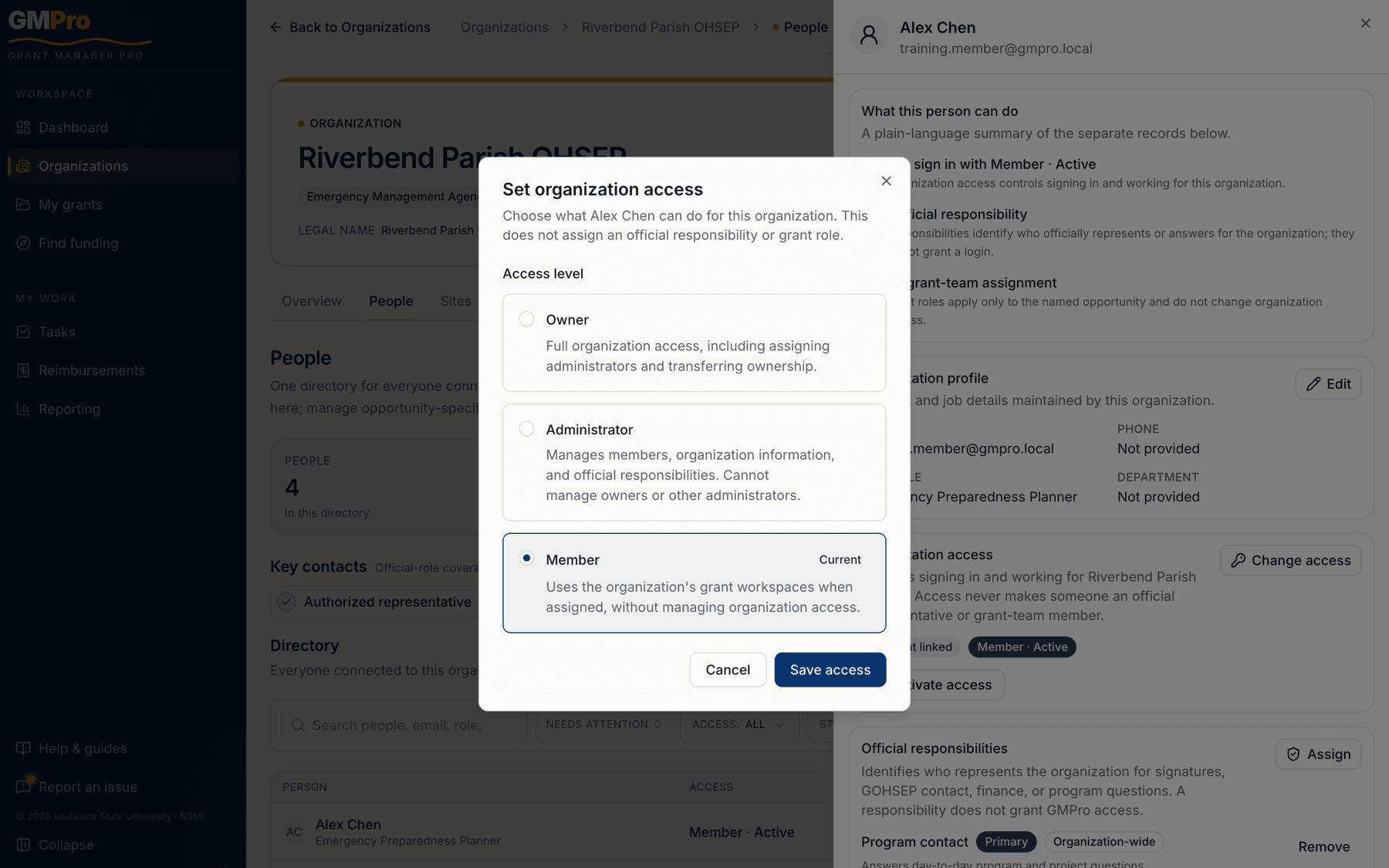 The Set organization access dialog with access-level choice cards