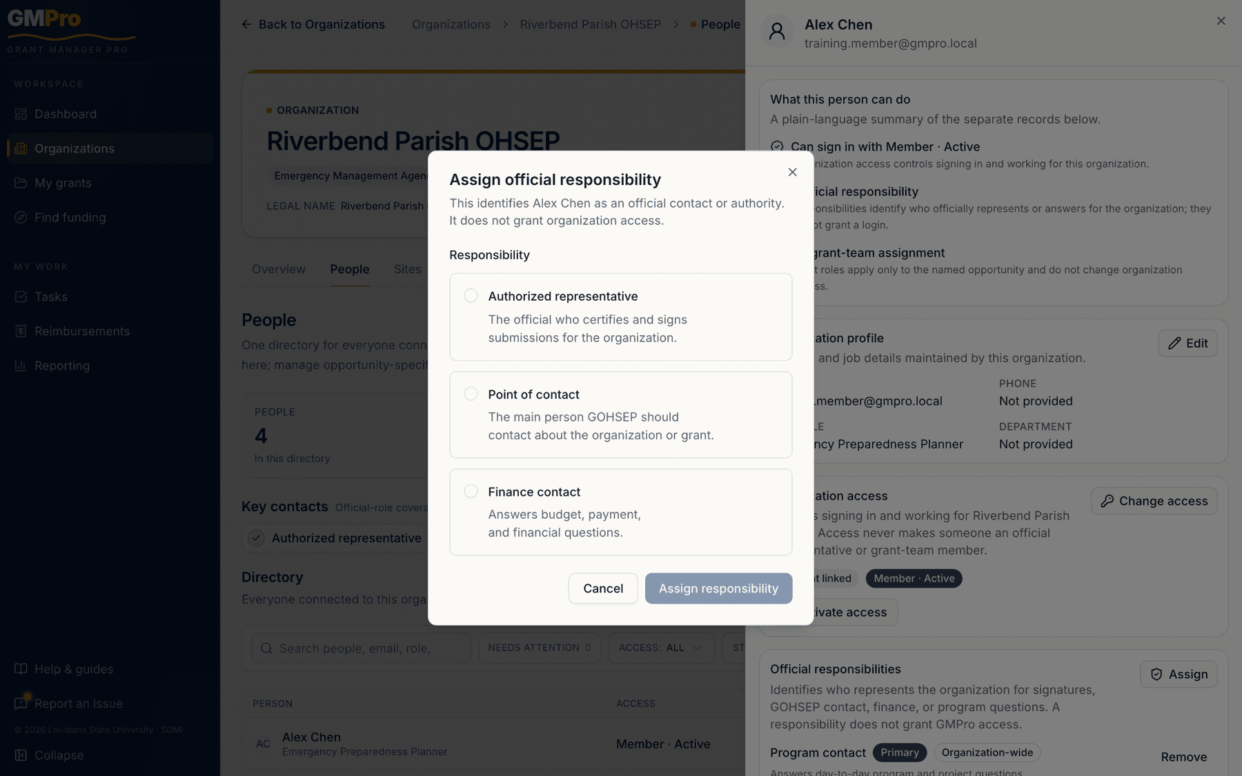 The Assign official responsibility dialog