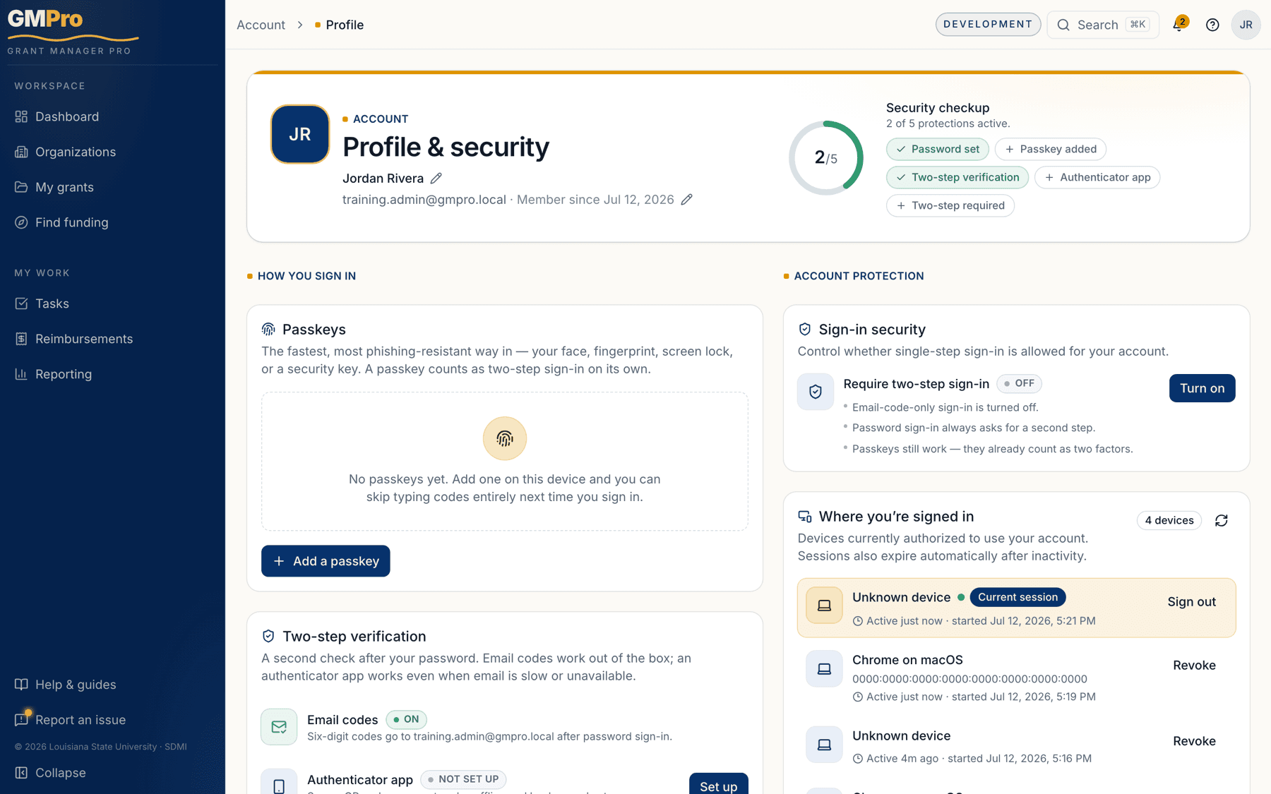 The Profile & security page with the security checkup score
