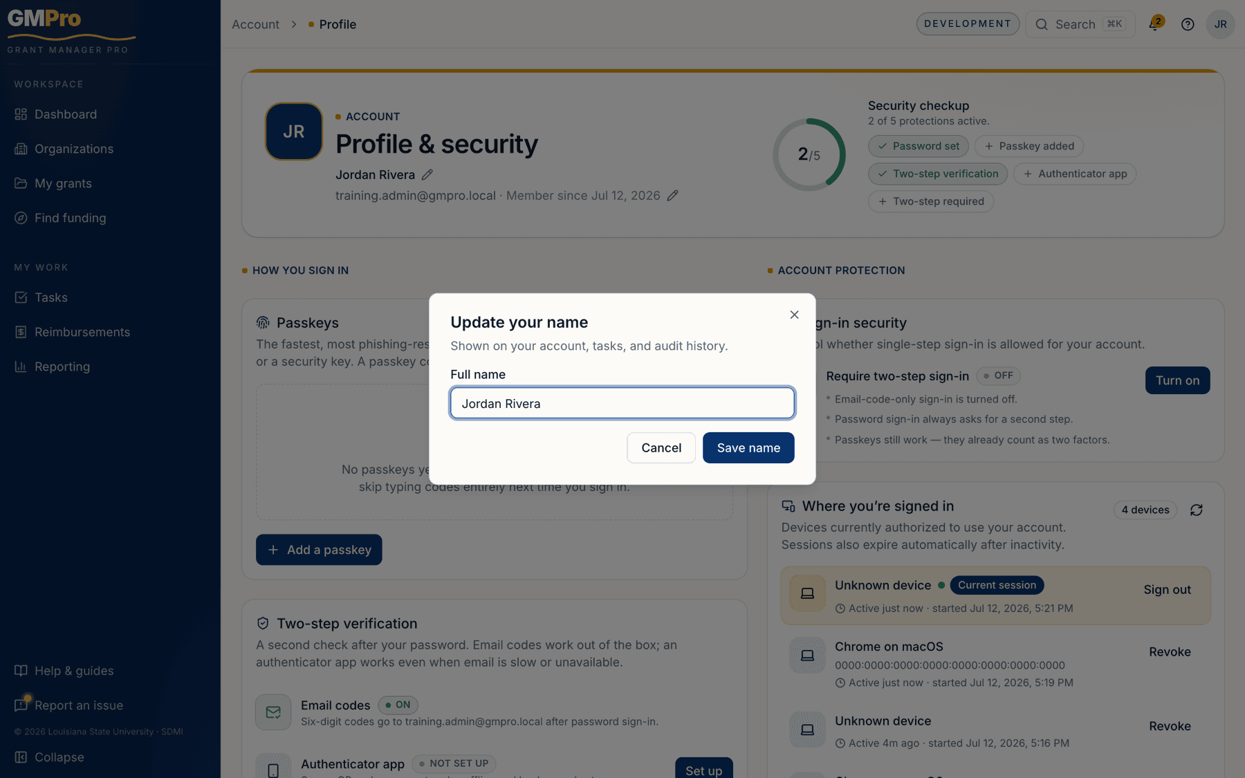 The Update your name dialog