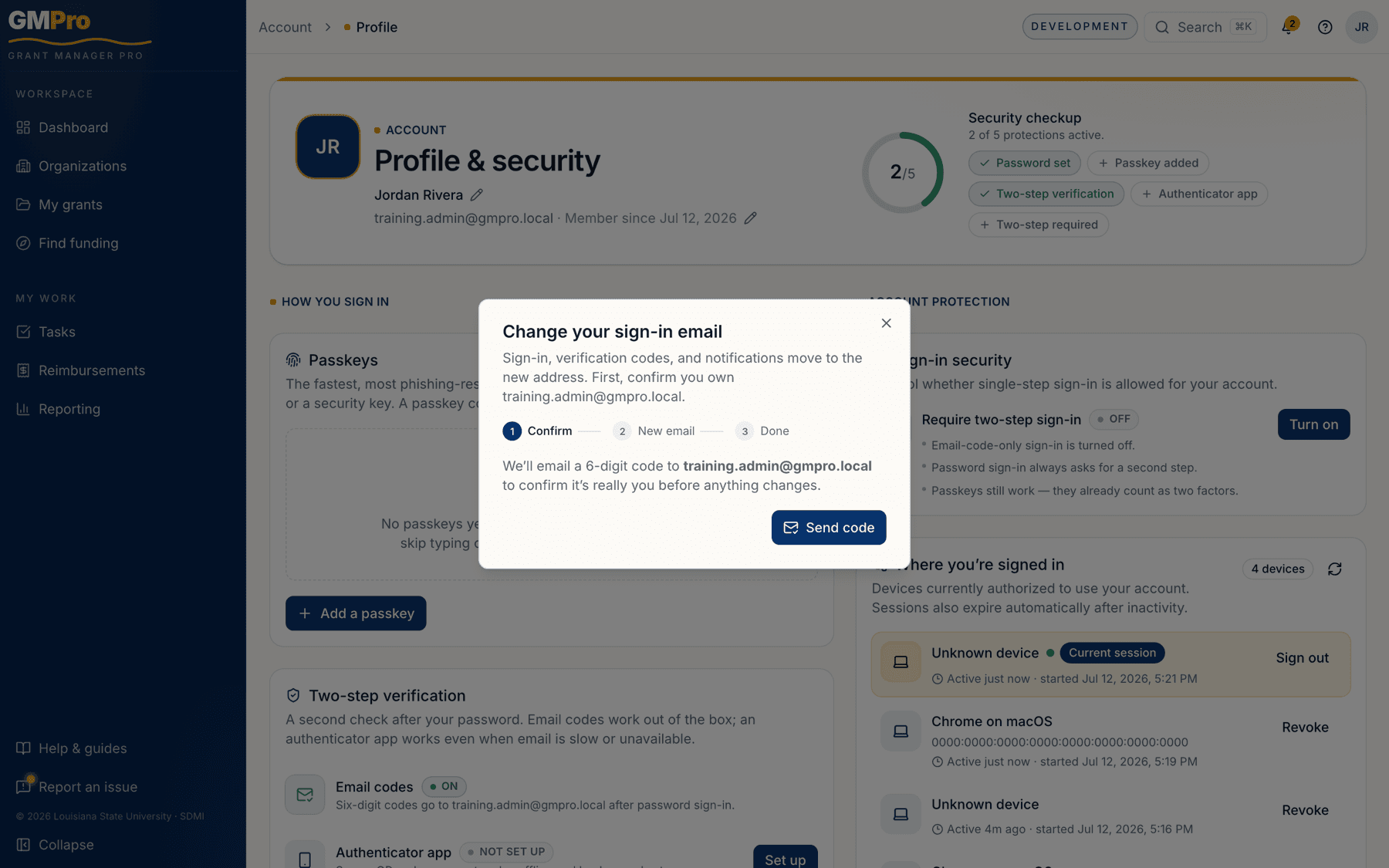 The change email dialog explaining the two-step verification
