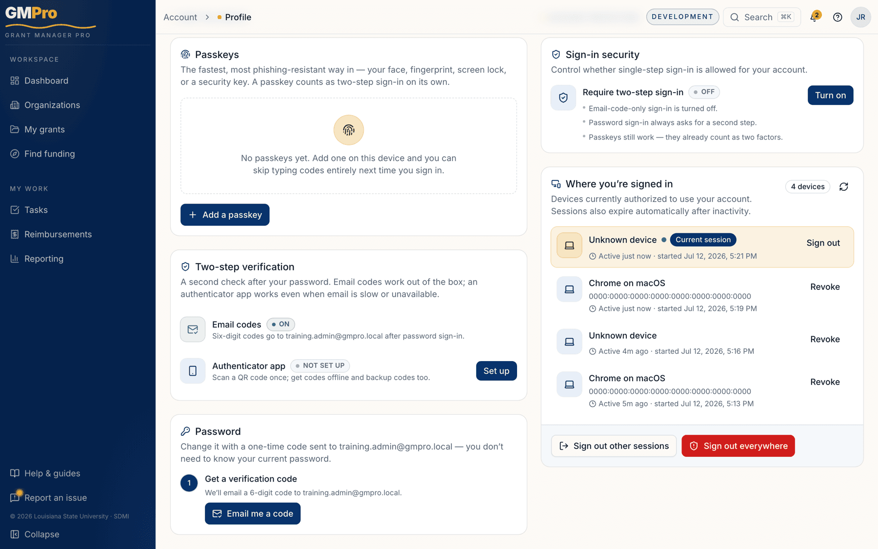 The Passkeys card in Profile & security with the Add a passkey button